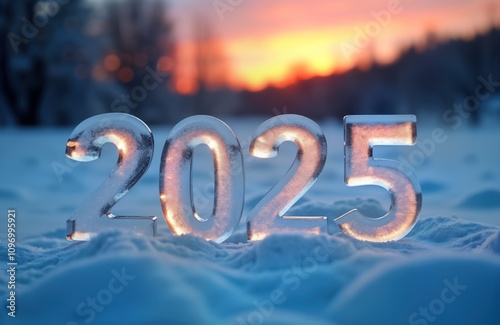 Wallpaper Mural Ice numbers 2025 stand in snow. Winter evening sunset background. New Year holiday concept. Cold frost scene. Christmas card design. Number text made of ice. Torontodigital.ca