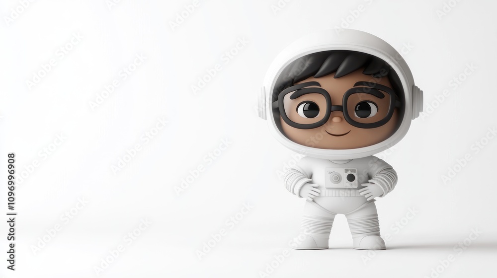 A cute cartoon astronaut character in a white suit with glasses, standing confidently. A cute cartoon astronaut character in a white suit with glasses, standing confidently.