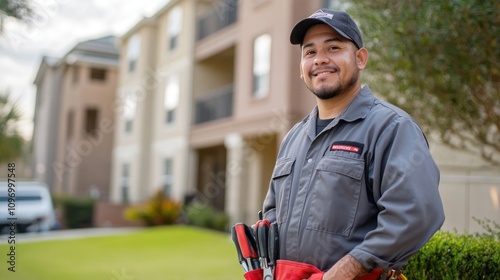 A smiling maintenance worker stands in front of an apartment building, ready for service.