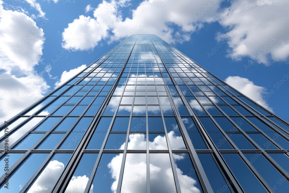 A tall glass skyscraper reflecting clouds against a blue sky, showcasing modern architecture. A tall glass skyscraper reflecting clouds against a blue sky, showcasing modern architecture.
