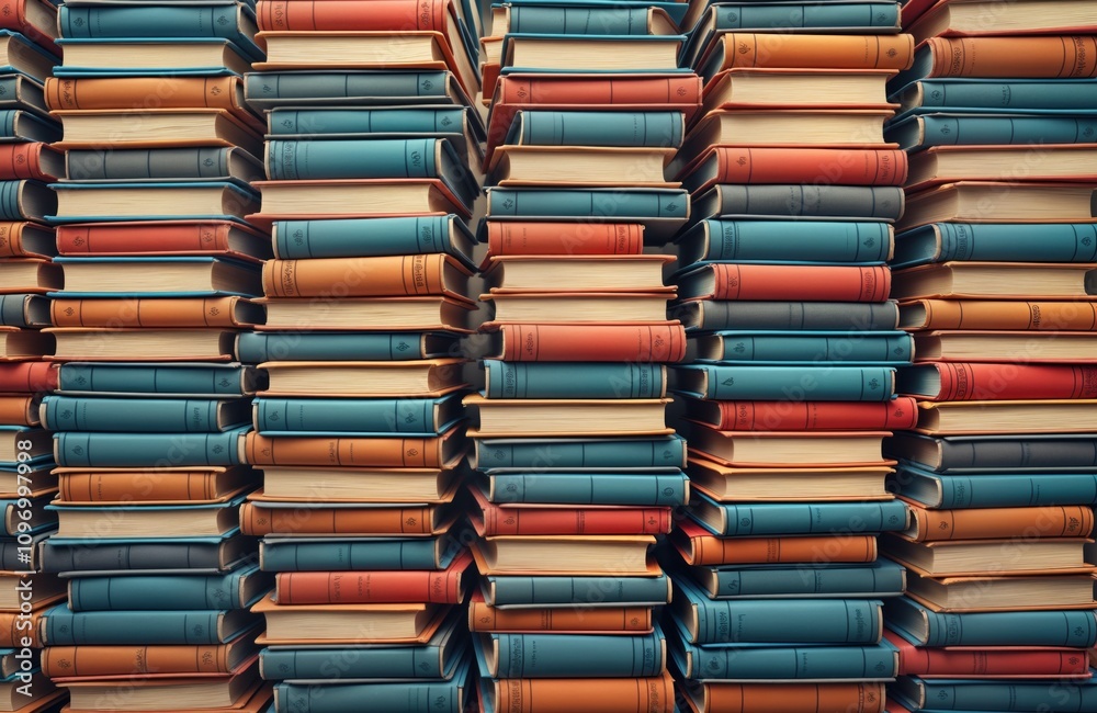 Many books stacked high. Rows of colorful hardback books. Library or bookstore setting. Education concept. Knowledge and reading. Organized collection. Neat stacks. Many books stacked high. Rows of colorful hardback books. Library or bookstore setting. Education concept. Knowledge and reading. Organized collection. Neat stacks.