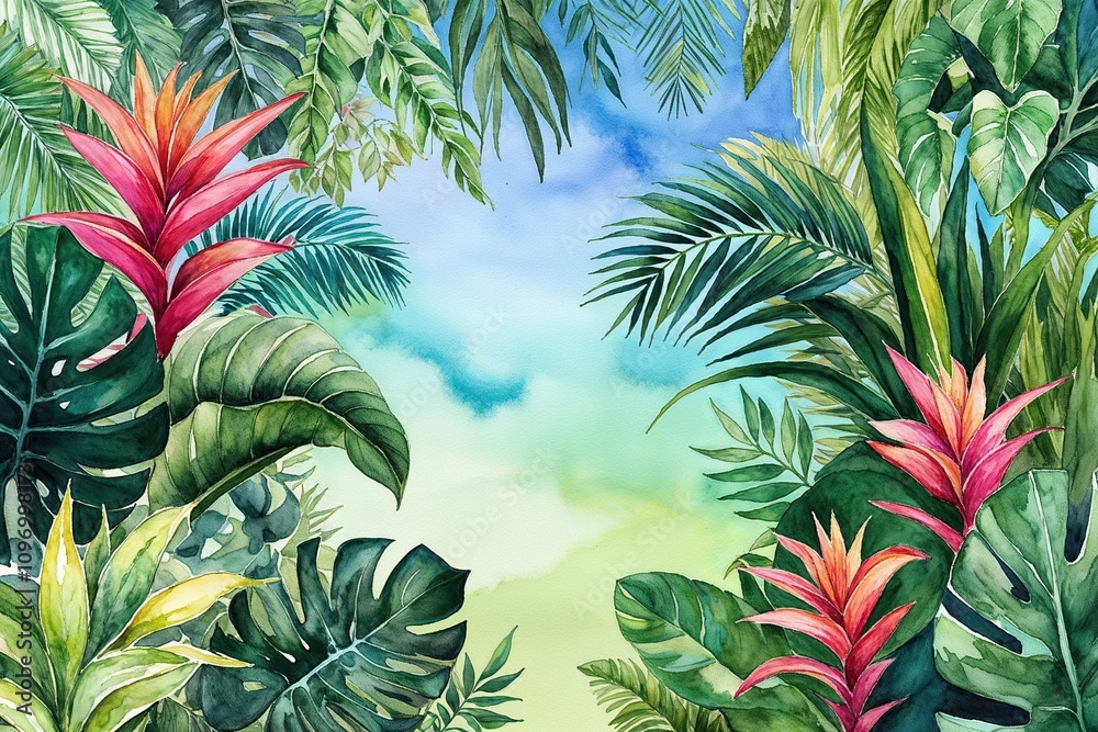 Fototapeta premium Vibrant Tropical Plants Paradise in Expansive Watercolor View