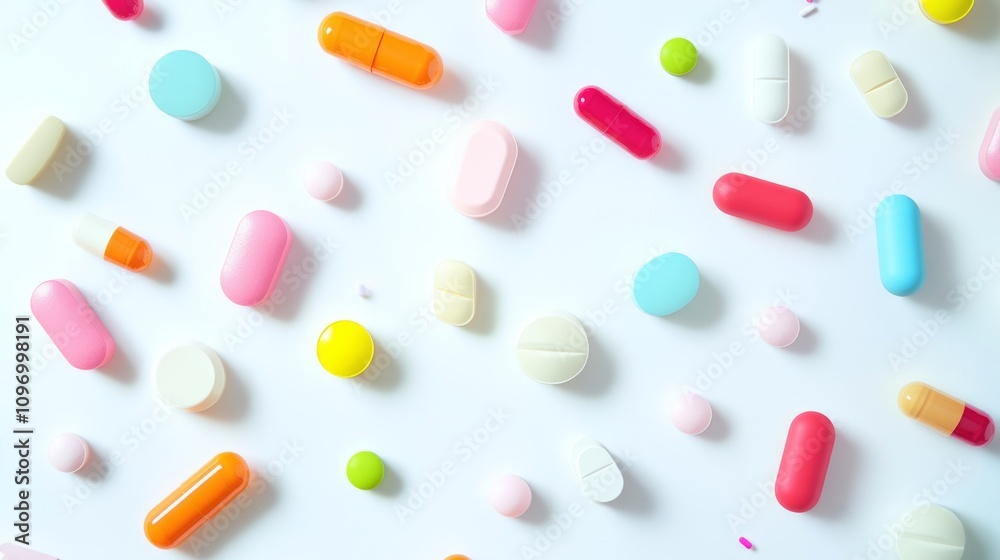 A vibrant collection of colorful pills and capsules scattered artistically on a clean white background. Their diversity captures attention and sparks curiosity. Generative AI.
