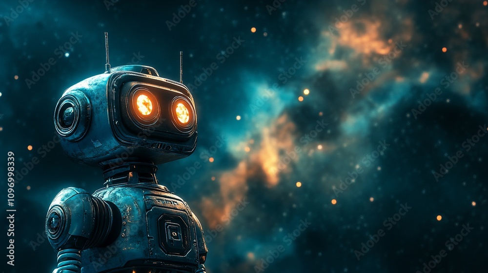Retro robot gazing at a starry nebula. Retro robot gazing at a starry nebula.