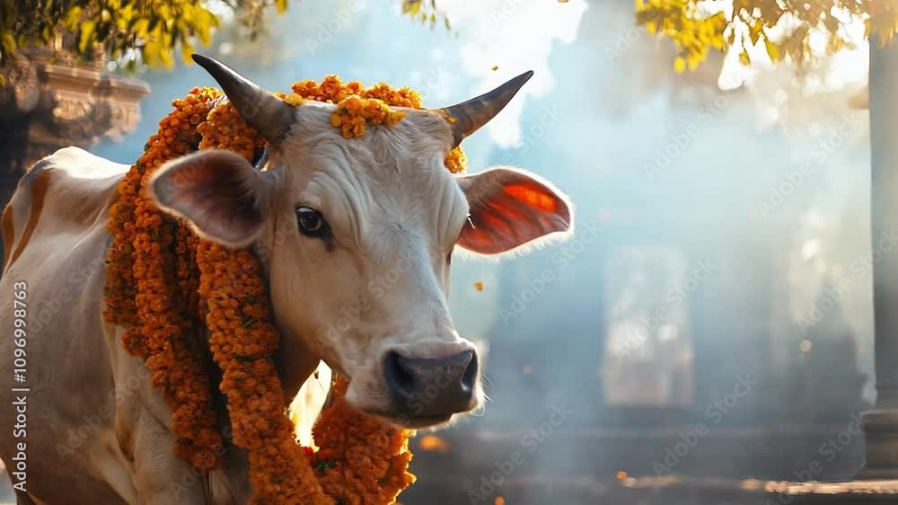 A white cow adorned with marigold garlands stands peacefully near an ancient temple during a sunny morning in India