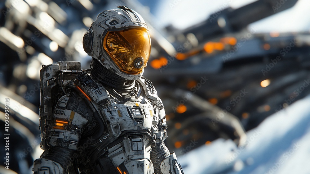 Astronaut in futuristic spacesuit near spaceship. Astronaut in futuristic spacesuit near spaceship.