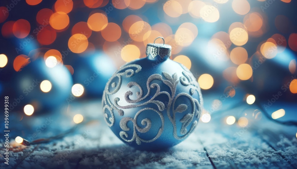 Blue Christmas Ornament - Decorated Christmas Bauble Background with Space for Copy - Christmas Ornament with Christmas Tree - Holiday Diffused Bokeh Wallpaper - Snow, Mistletoe and Presents