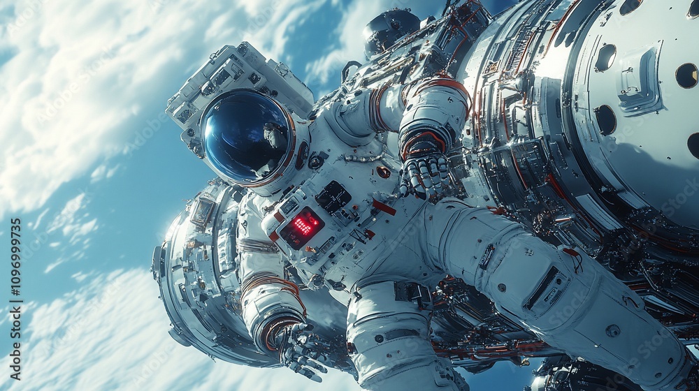 Fototapeta premium Astronaut spacewalk near spaceship, low angle view.