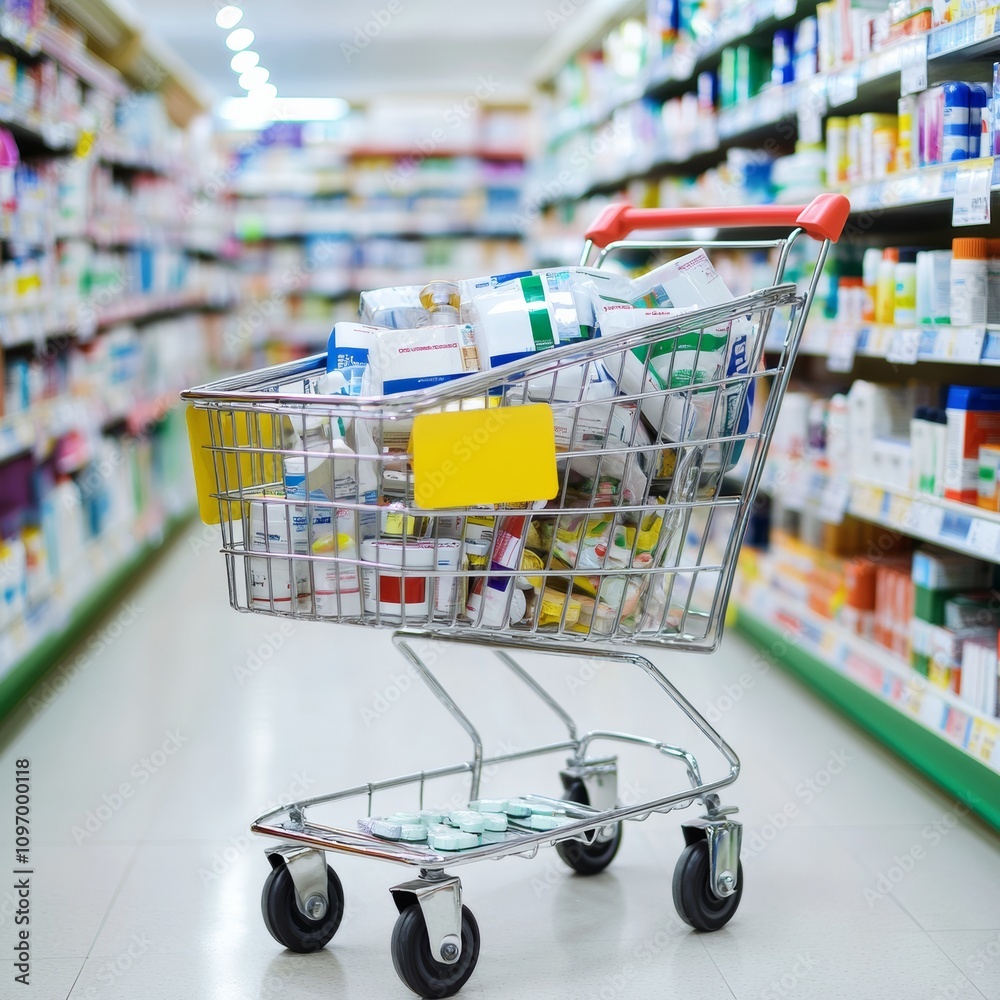 A grocery cart carrying medicine. A grocery cart carrying medicine.
