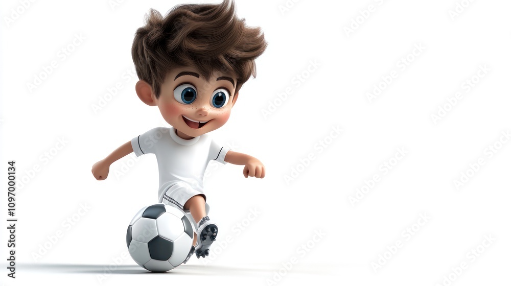 A playful cartoon boy joyfully kicking a soccer ball on a white background. A playful cartoon boy joyfully kicking a soccer ball on a white background.