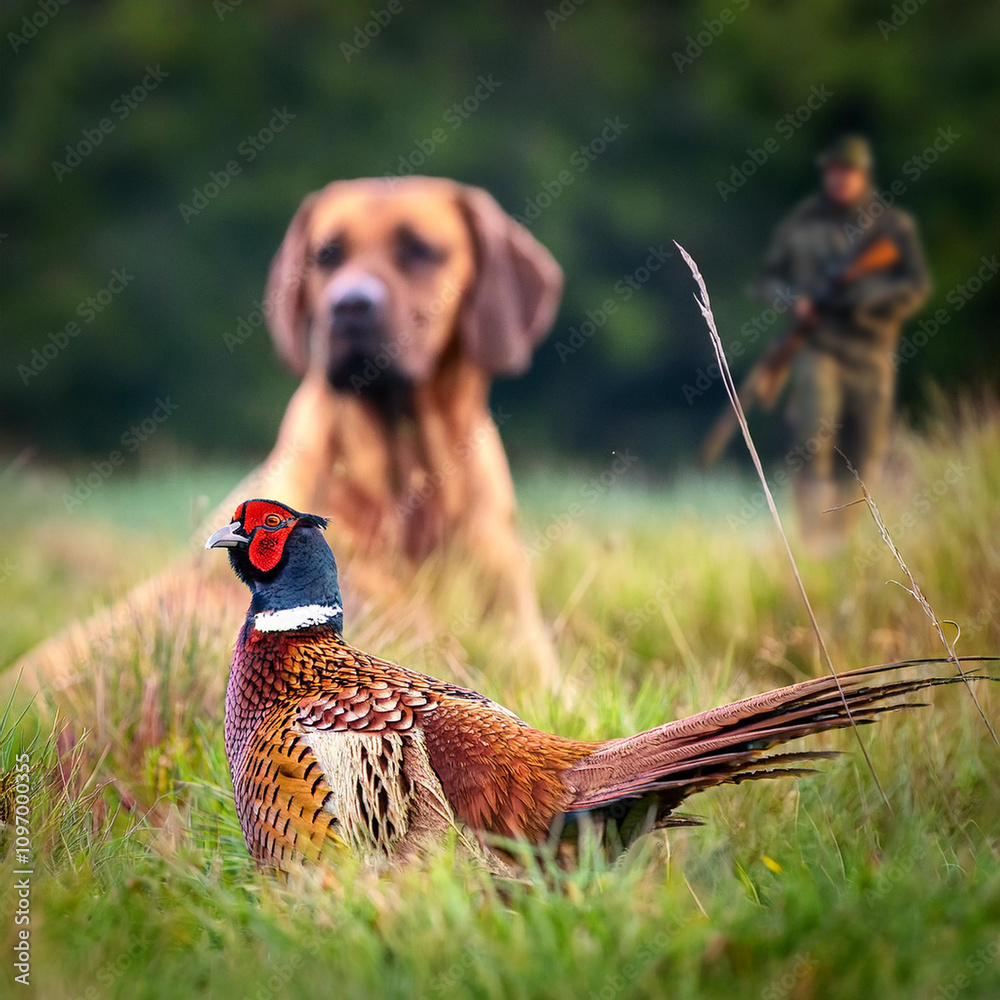 Fototapeta premium oiseau, faisan, gibier, chasse, chasseur, camouflage, animal, nature, sauvage, faune, gazon, poulet, jeu, empennage, rouge, chien à l'arrêt, chien de chasse, empennage, bec, chasse, volaille, ferme, b