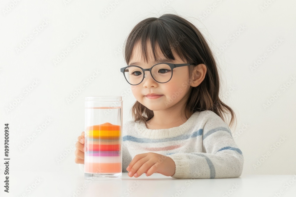 A young girl observes a colorful layered liquid in a clear glass. A young girl observes a colorful layered liquid in a clear glass.