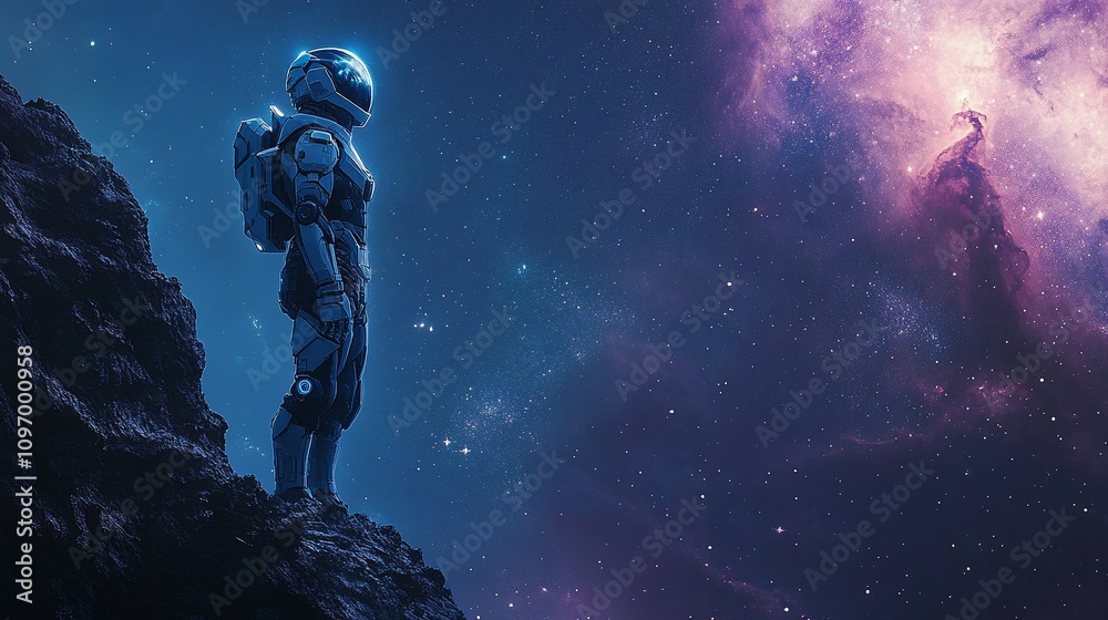 Fototapeta premium Astronaut on alien planet gazing at nebula.