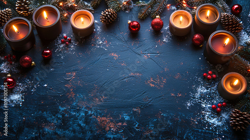 Christmas Ornaments with Candles and Pine Cones for room decoration and copy space 