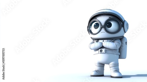 A cute cartoon character in a spacesuit, looking thoughtful against a plain background.