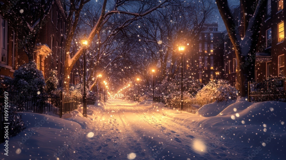 A serene winter night scene with softly falling snow and glowing street lamps. A serene winter night scene with softly falling snow and glowing street lamps.