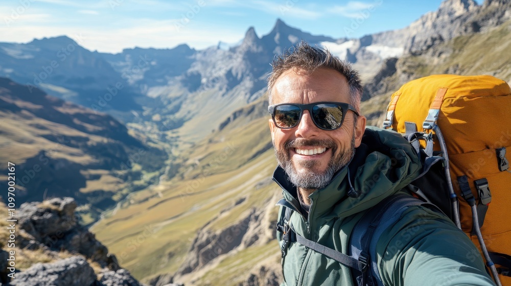 Smiling Hiker in Scenic Mountain Landscape with Backpack Smiling Hiker in Scenic Mountain Landscape with Backpack