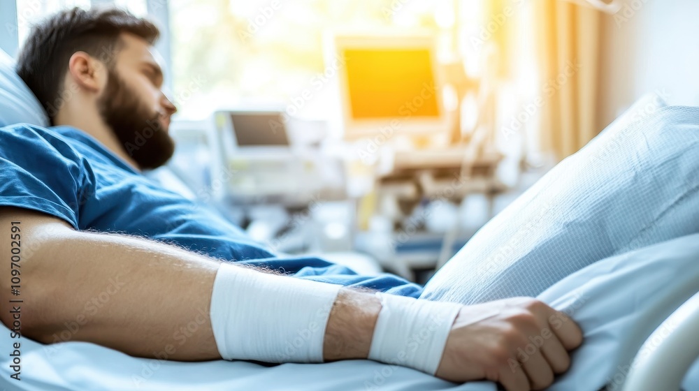 Obraz premium Young Man in Hospital Bed with Bandaged Arm and Medical Equipment
