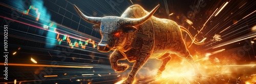 Digital Bull Run: A Powerful Cybernetic Bull Forged from Circuit Boards and Golden Light Charges Forward Against the Backdrop of Rising Market Charts, Symbolizing the Unstoppable Force of Bullish Cryp photo