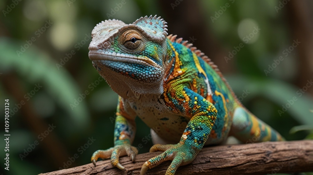 Vibrant chameleon perched on a branch.