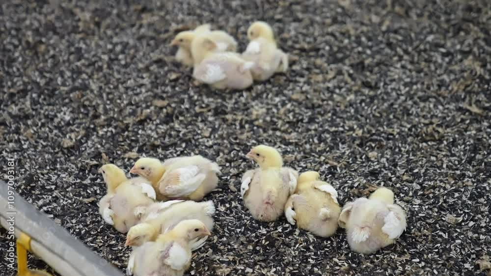 Adorable calm little chicks sit at the floor covered with sunflower seeds coats. Poultry business concept. Adorable calm little chicks sit at the floor covered with sunflower seeds coats. Poultry business concept.