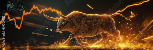 Digital Bull Run: A Powerful Cybernetic Bull Forged from Circuit Boards and Golden Light Charges Forward Against the Backdrop of Rising Market Charts, Symbolizing the Unstoppable Force of Bullish Cryp photo