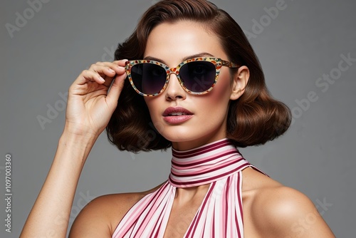 Stunning Woman Showcasing Eyepopping Fashionable Sunglasses with Timeless Retro Flair photo