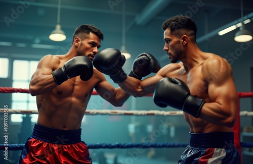 Two muscular men box in gym. Male athletes fight. Boxers wear gloves. Training. Sport. Fitness. Competition. Strength. Workout. Bodybuilding. Muscle. Ripped. Boxing match. Fighting. Active lifestyle.