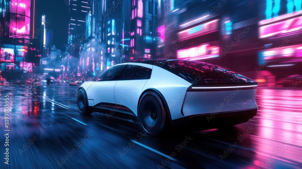 A white electric car drives through a futuristic city at night with neon lights and a blurry background. A white electric car drives through a futuristic city at night with neon lights and a blurry background.