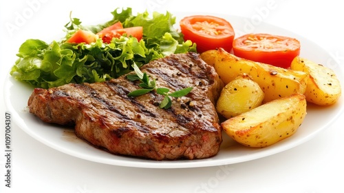 A delicious plate featuring grilled steak, roasted potatoes, and fresh salad.