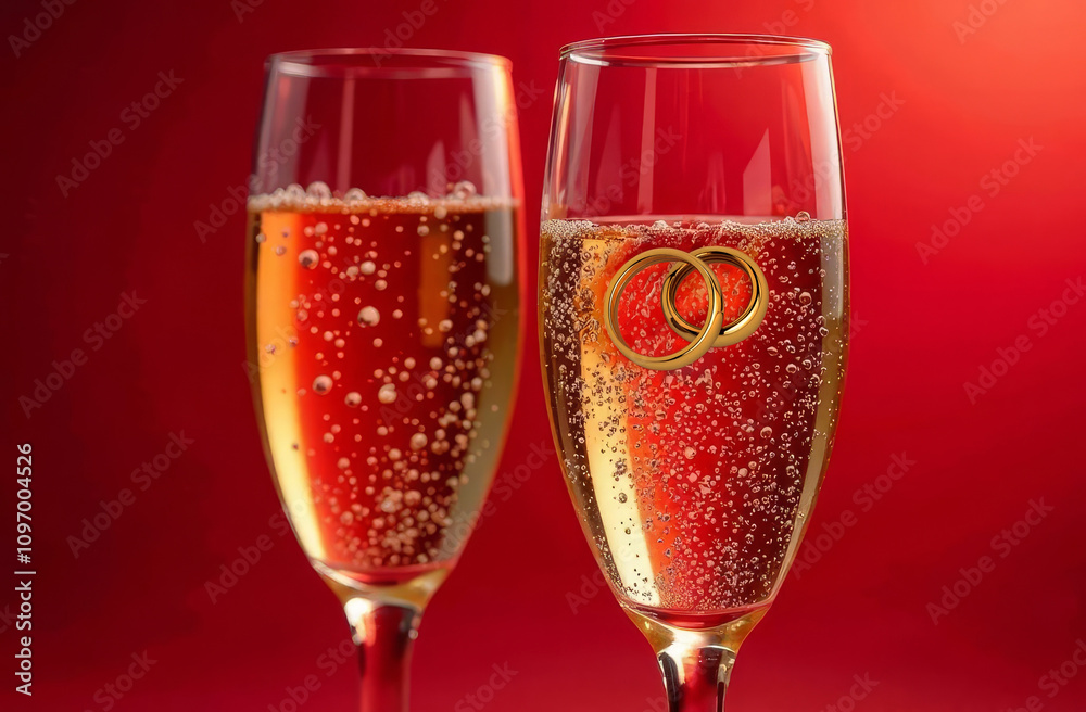 A pair of wedding rings falls into a champagne glass on a red background. The concept of engagement, wedding A pair of wedding rings falls into a champagne glass on a red background. The concept of engagement, wedding