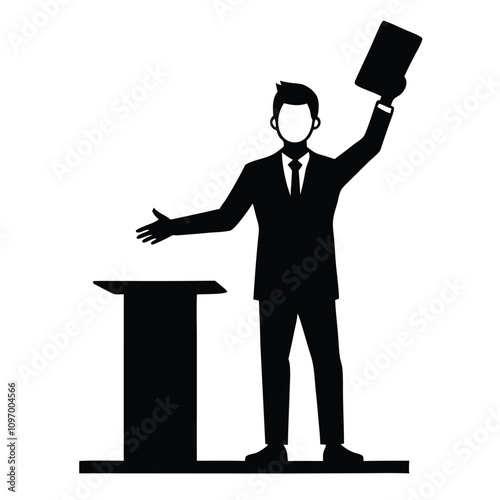 Vector silhouette illustration of a man standing behind a podium, holding a document or book in one raised hand while gesturing confidently.