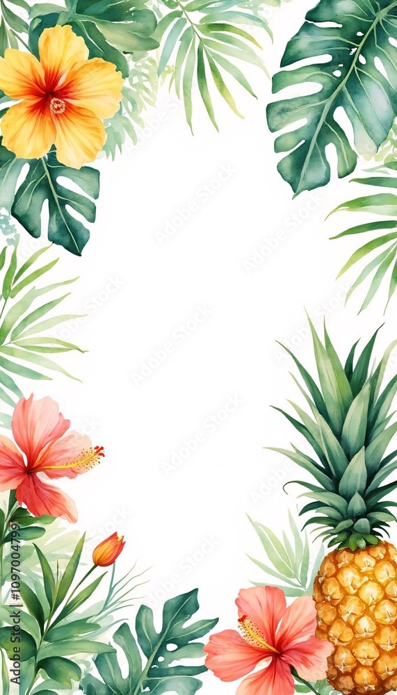 Fototapeta premium Tropical frame with hibiscus flowers and pineapple on a white background copy space