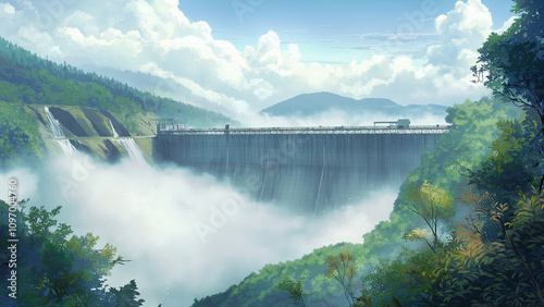 Landscape of a huge dam or hydroelectric power plant. Illustrations that look like a scene from an anime or game background. Blue sky, sun, clouds, sunset, night, fog, snow, rain, autumn, etc.