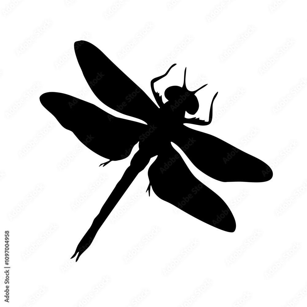 Dragonfly silhouette in black, handmade. Hand-drawn insect, realistic illustration, vector Dragonfly silhouette in black, handmade. Hand-drawn insect, realistic illustration, vector