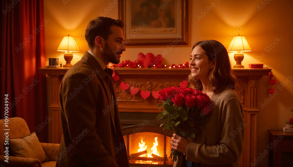 Couple exchanging love and smiles with roses by the fireplace in cozy romantic setting Couple exchanging love and smiles with roses by the fireplace in cozy romantic setting