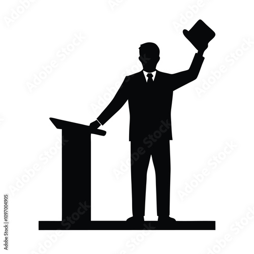 Vector silhouette illustration of a man standing behind a podium, holding a document or book in one raised hand while gesturing confidently.