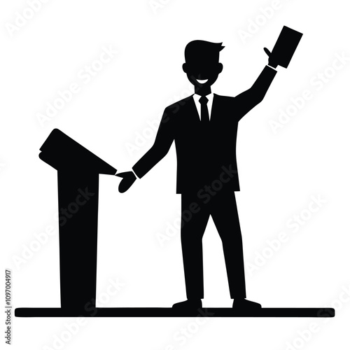 Vector silhouette illustration of a man standing behind a podium, holding a document or book in one raised hand while gesturing confidently.