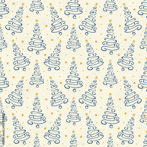 Seamless vector drawing with Christmas trees, stars and snow, hand-drawn. On a milky background. Ideal for printing on textiles and fabric prints, Wrapping paper.