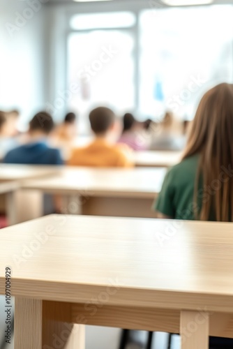 Blurred classroom setting with focused desk in foreground.