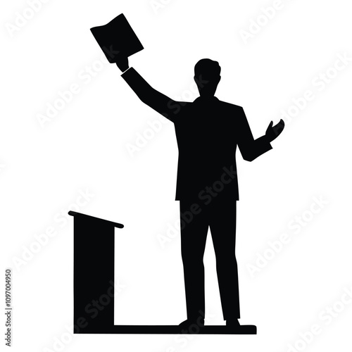 Vector silhouette illustration of a man standing behind a podium, holding a document or book in one raised hand while gesturing confidently.