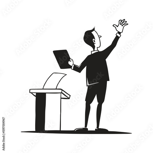 Vector silhouette illustration of a man standing behind a podium, holding a document or book in one raised hand while gesturing confidently.