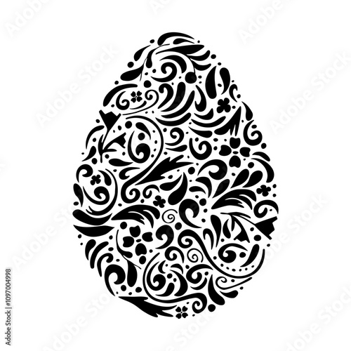 The Easter egg is decorative in black, the pattern is hand-drawn. Print for printing, postcard, poster, sticker.