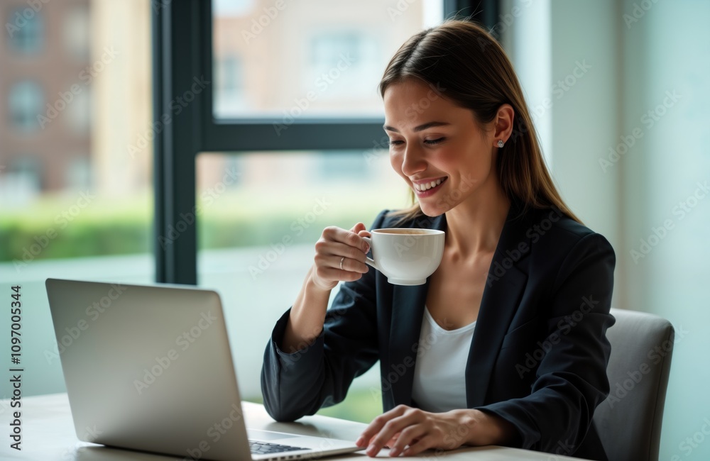 Young businesswoman enjoys tea break at office. She uses laptop computer. Attractive woman works online. Social media marketing. Happy female professional relaxes at workplace. Young businesswoman enjoys tea break at office. She uses laptop computer. Attractive woman works online. Social media marketing. Happy female professional relaxes at workplace.