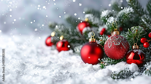 Christmas Tree with Balls and Ornaments on Snow Outside View 