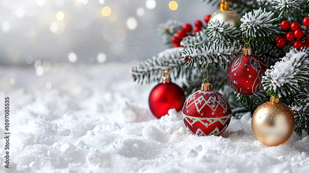 Christmas Tree with Balls and Ornaments on Snow Outside View Christmas Tree with Balls and Ornaments on Snow Outside View