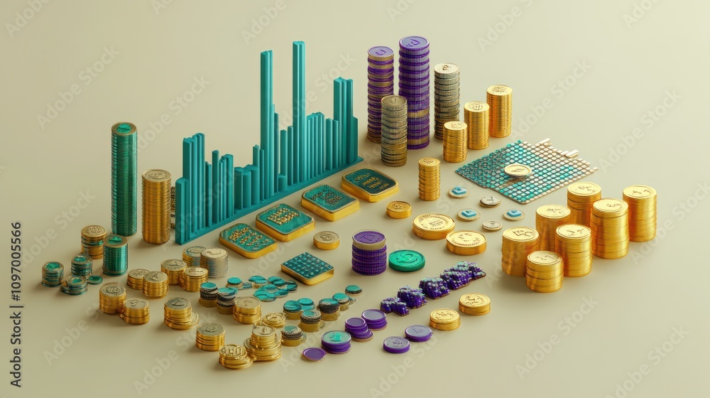 A collection of colorful coins, bars, and graphs arranged for financial representation. A collection of colorful coins, bars, and graphs arranged for financial representation.