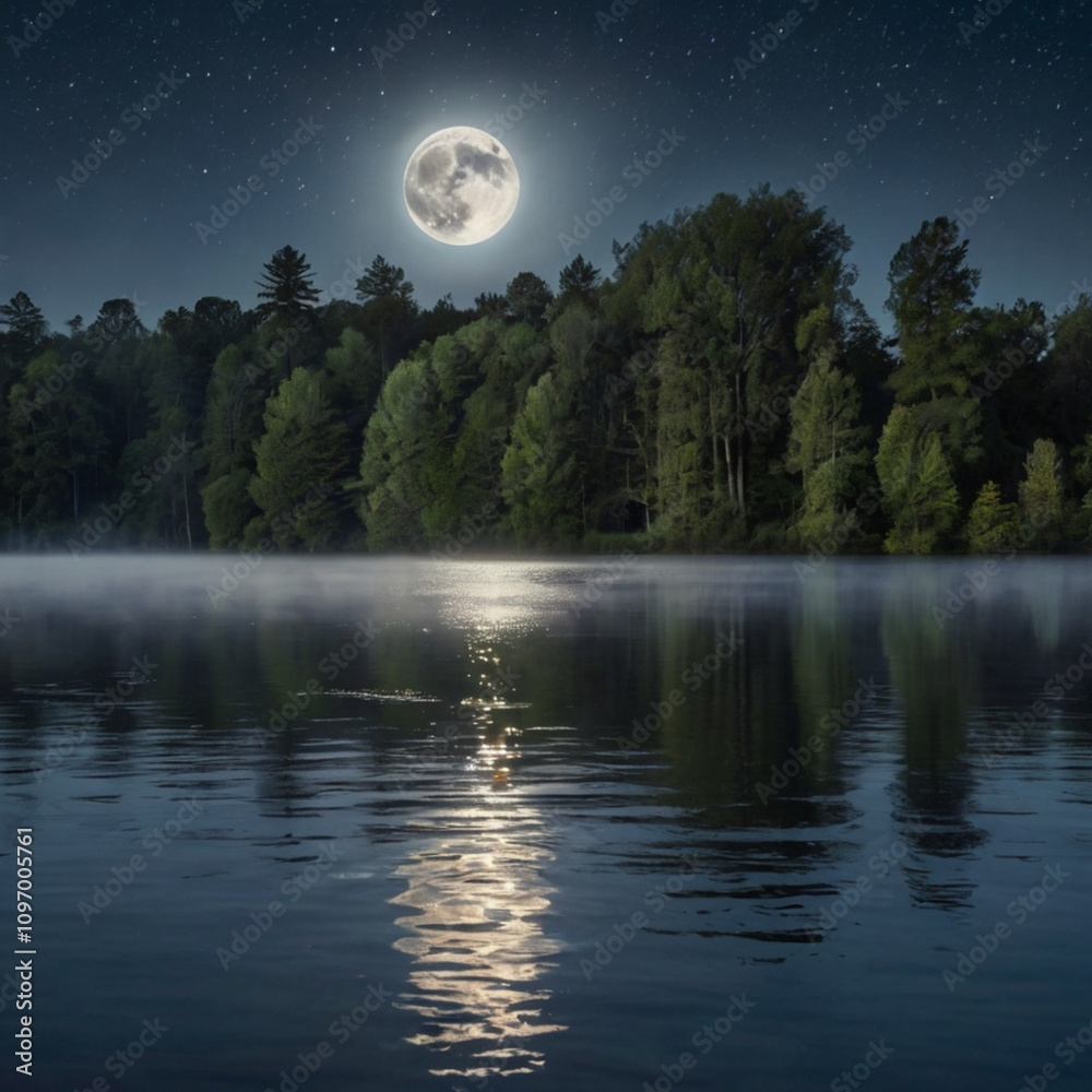 The tranquil scene is illuminated by a large, shining full moon that dominates the sky. The silvery moonlight reflected off the calm, glassy lake surrounded by mist-covered trees. The tranquil scene is illuminated by a large, shining full moon that dominates the sky. The silvery moonlight reflected off the calm, glassy lake surrounded by mist-covered trees.