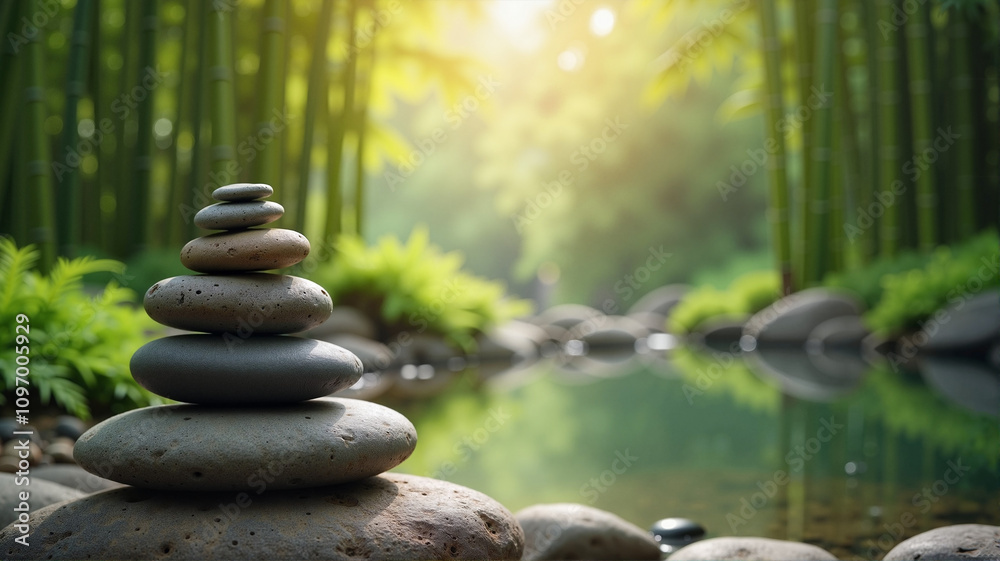 Zen stones stacked on rocks near a peaceful bamboo forest backdrop Zen stones stacked on rocks near a peaceful bamboo forest backdrop