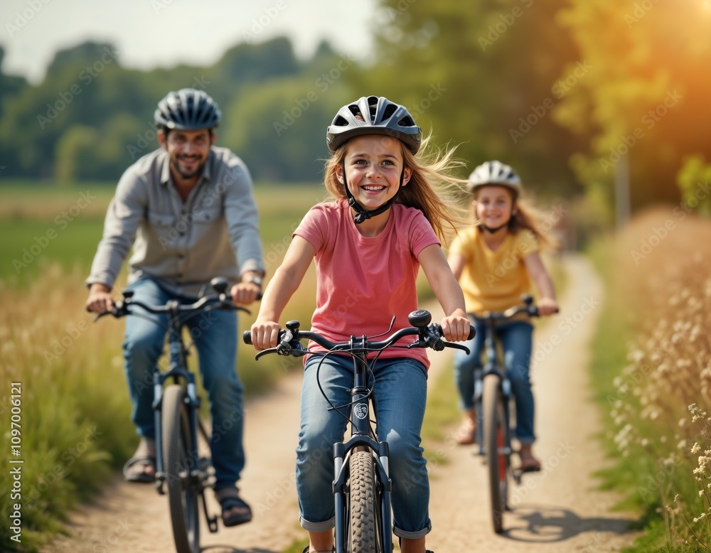 Family bike ride on sunny day. Father and two daughters cycle together. Happy children enjoy outdoor activity. Family cycling on country road. Healthy lifestyle fun summer adventure. Family bike ride on sunny day. Father and two daughters cycle together. Happy children enjoy outdoor activity. Family cycling on country road. Healthy lifestyle fun summer adventure.